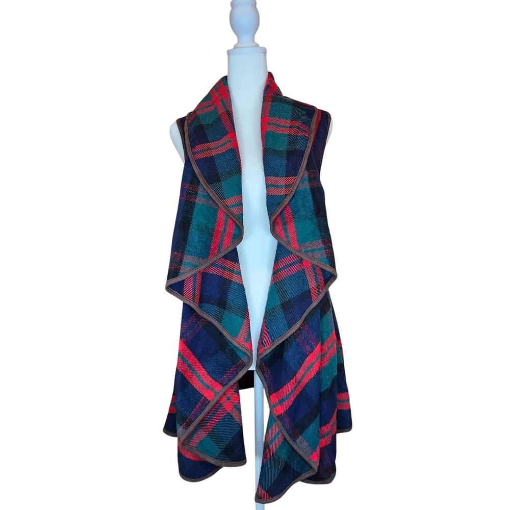 Peach Love California Susana Red/Green/Blue Plaid Waterfall Vest Size Small